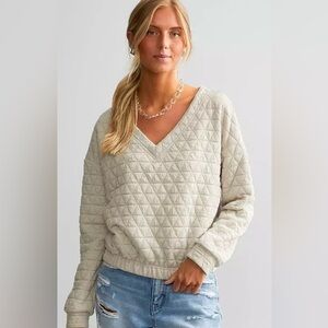Gilded Intent Cream V-Neck Sweater with Plush Texture Women's Pullover